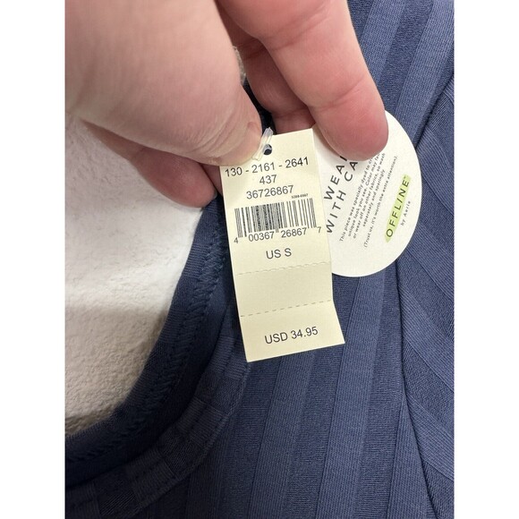 Aerie OFFLINE Small OG Groove Crop Top Blue Short Sleeve Lettuce Trim Ribbed NWT - Picture 6 of 12